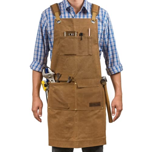 GIDABRAND Luxury Waxed Canvas Shop Apron | Heavy Duty Work Apron For Men & Women With Pocket & Cross-Back Straps | Adjustable Tool Apron Up To Xxl (Brown) - Image 1