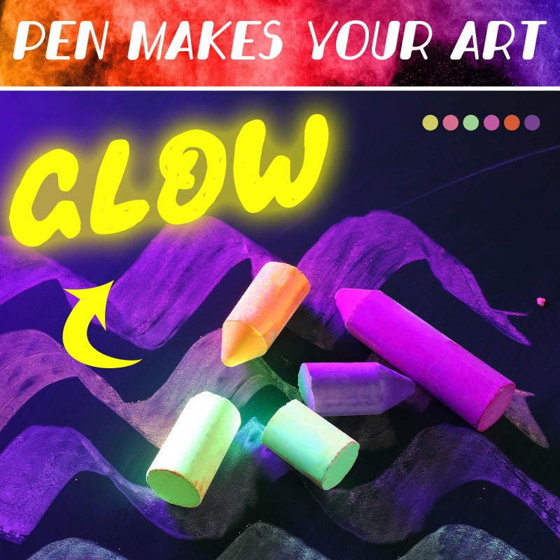 Feifeiya 12 Pcs Glow in the Dark Chalk Under Blacklight, 6 Neon Colors Washable Dustless UV Sidewalk Chalk for Black Light Party Playground Chalkboard Birthday Gift and Outdoor Drawing (Crayon) - Image 2