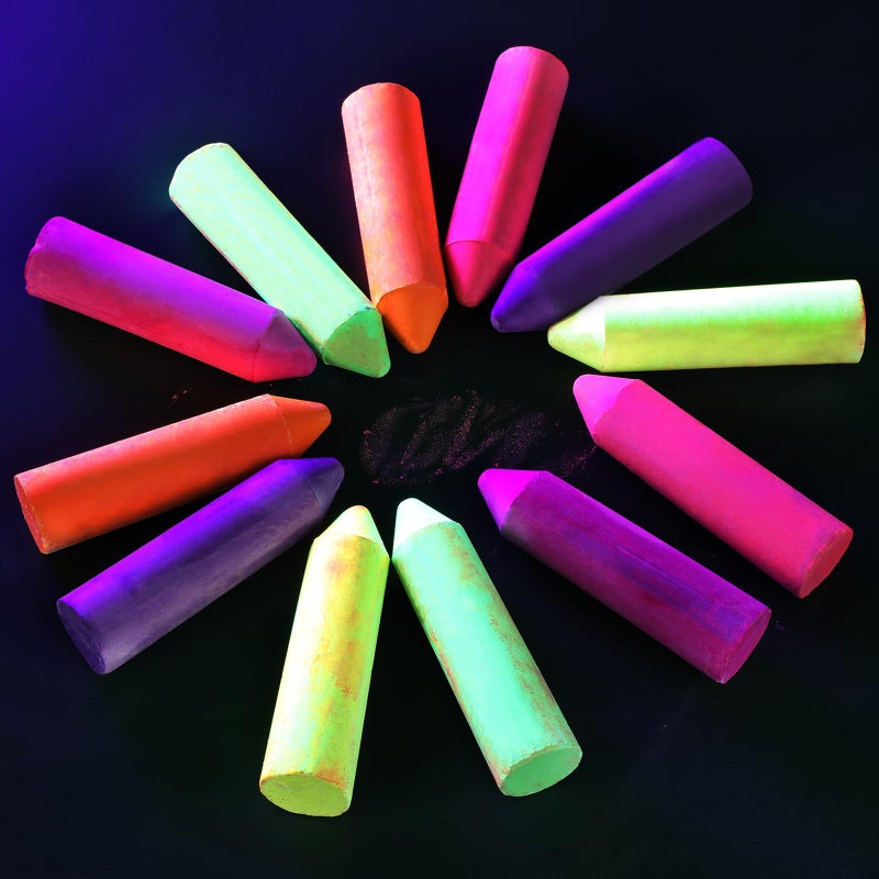 Feifeiya 12 Pcs Glow in the Dark Chalk Under Blacklight, 6 Neon Colors Washable Dustless UV Sidewalk Chalk for Black Light Party Playground Chalkboard Birthday Gift and Outdoor Drawing (Crayon) - Image 1