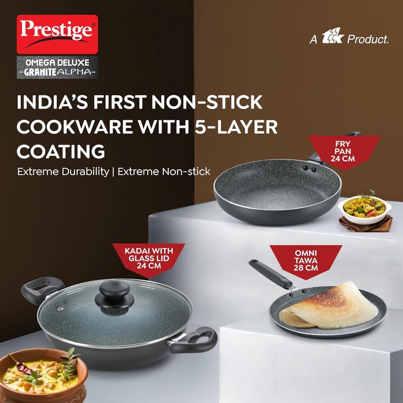 PRESTIGE Prestige Omega Deluxe Granite Alpha 3Piece BYK Non-Stick Cookware Set| Kadai 24cm with Glass Lid, Omni Tawa 28cm & Fry Pan 24cm| Gas & Induction Compatible| 5 Layer Non-Stick Coating|Black  - Image 2