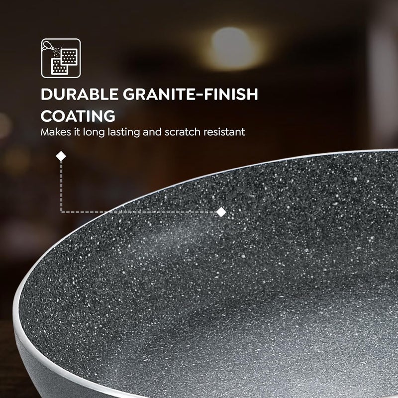PRESTIGE Prestige Omega Deluxe Granite Alpha 3Piece BYK Non-Stick Cookware Set| Kadai 24cm with Glass Lid, Omni Tawa 28cm & Fry Pan 24cm| Gas & Induction Compatible| 5 Layer Non-Stick Coating|Black  - Image 3