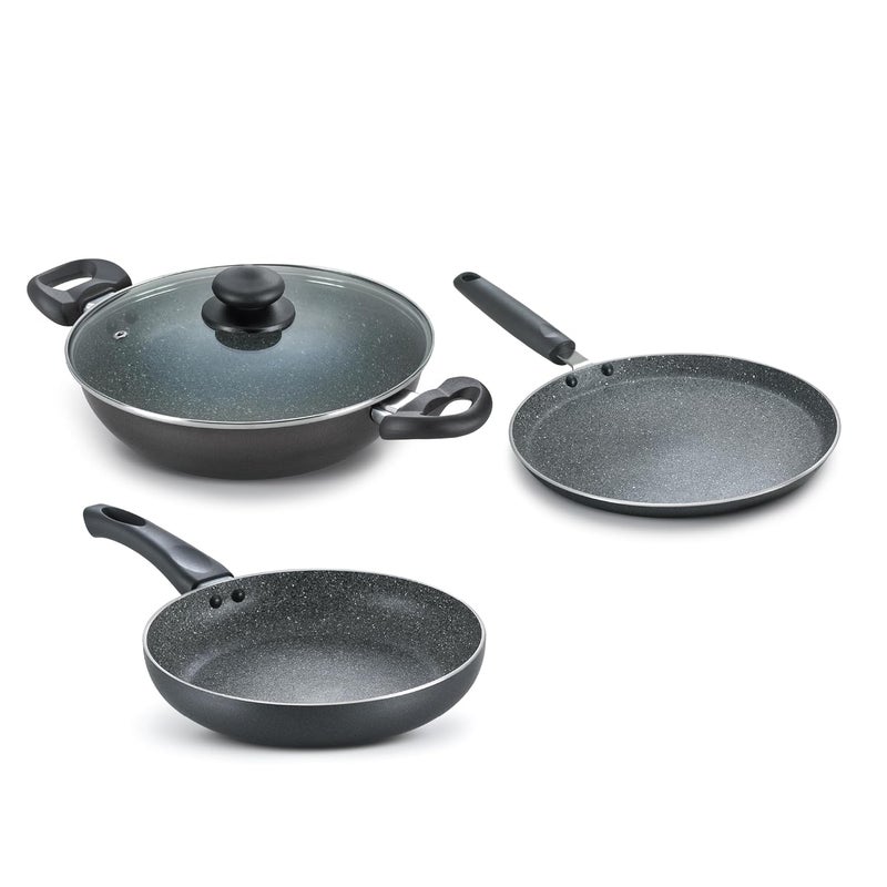 PRESTIGE Prestige Omega Deluxe Granite Alpha 3Piece BYK Non-Stick Cookware Set| Kadai 24cm with Glass Lid, Omni Tawa 28cm & Fry Pan 24cm| Gas & Induction Compatible| 5 Layer Non-Stick Coating|Black  - Image 1