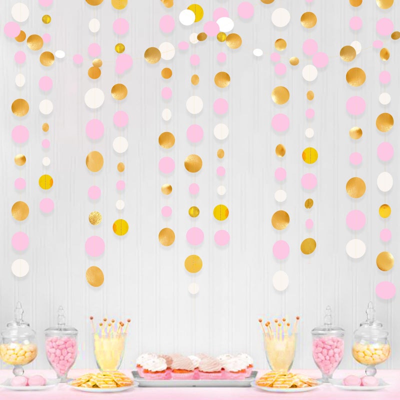 pinkblume Gold and Pink Party Decorations Circle Dots Garland Metallic Gold Light Pink and White Hanging Polka Dot Streamer for Women Girl Birthday Baby Shower Bridal Shower Wedding Princess Party Supplies - Image 1