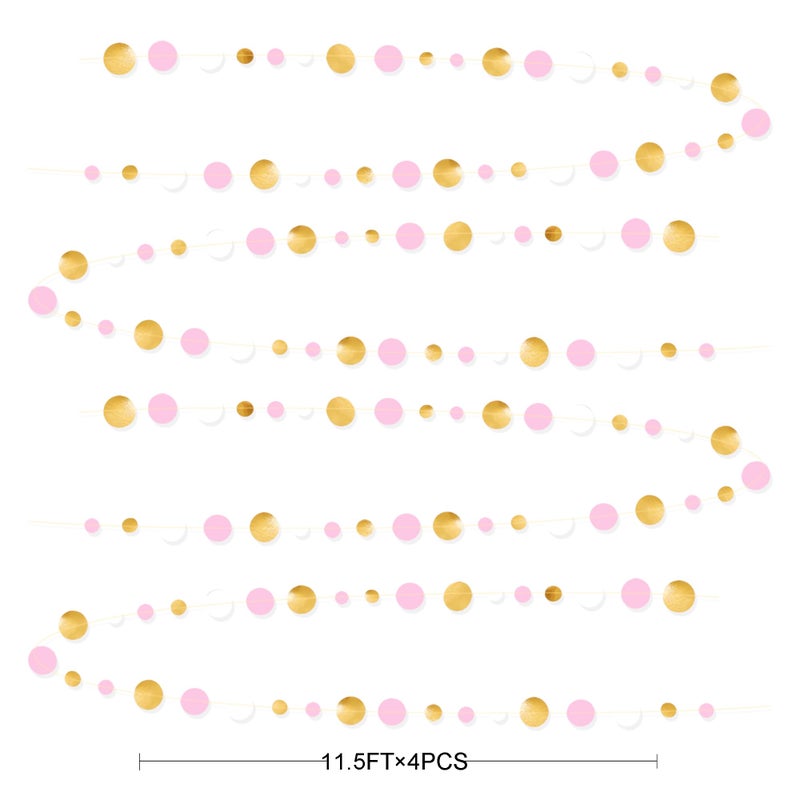 pinkblume Gold and Pink Party Decorations Circle Dots Garland Metallic Gold Light Pink and White Hanging Polka Dot Streamer for Women Girl Birthday Baby Shower Bridal Shower Wedding Princess Party Supplies - Image 2
