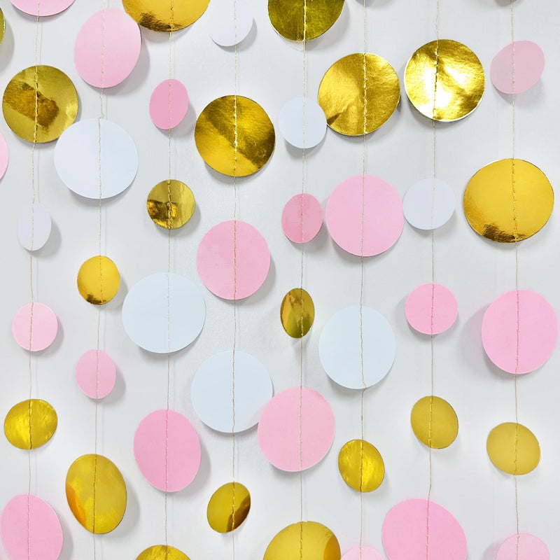 pinkblume Gold and Pink Party Decorations Circle Dots Garland Metallic Gold Light Pink and White Hanging Polka Dot Streamer for Women Girl Birthday Baby Shower Bridal Shower Wedding Princess Party Supplies - Image 4