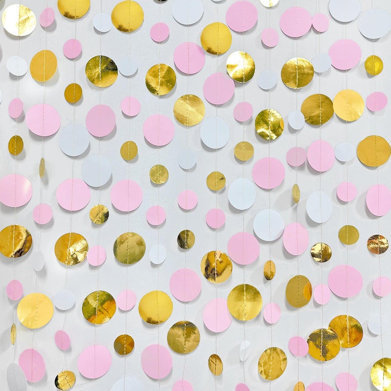 pinkblume Gold and Pink Party Decorations Circle Dots Garland Metallic Gold Light Pink and White Hanging Polka Dot Streamer for Women Girl Birthday Baby Shower Bridal Shower Wedding Princess Party Supplies - Image 3
