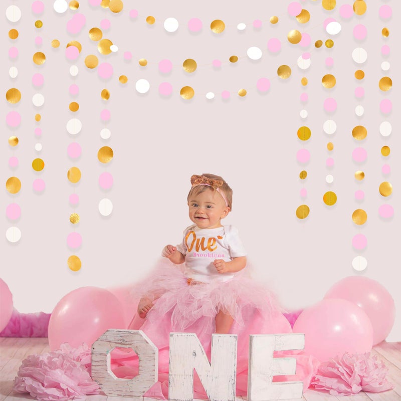pinkblume Gold and Pink Party Decorations Circle Dots Garland Metallic Gold Light Pink and White Hanging Polka Dot Streamer for Women Girl Birthday Baby Shower Bridal Shower Wedding Princess Party Supplies - Image 5
