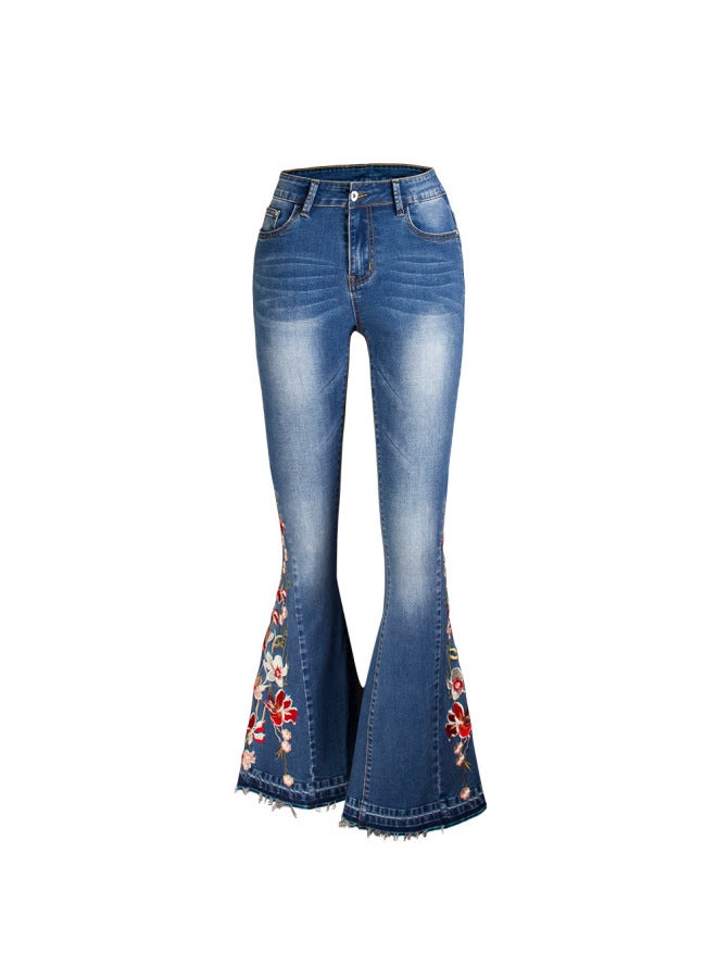 European And American Cross-border Women's Denim FlaPants 3D Heavy EmbroideDenim Women's Autumn Denim Wide Leg Pants 