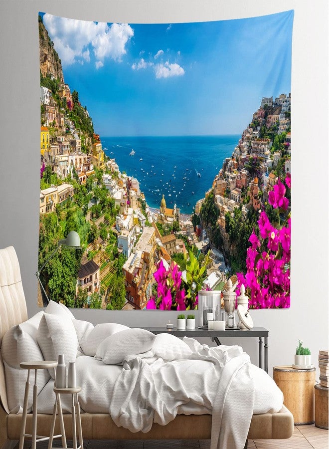 Loccor Italian Amalfi Coast Tapestry Famous Positano Town Sea View Tapestry Mediterranean Coastal Landscape Italy Wall Hanging for Bedroom Living Room Decor 70''x47'', Multicolor - Image 3