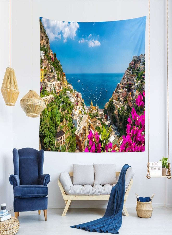 Loccor Italian Amalfi Coast Tapestry Famous Positano Town Sea View Tapestry Mediterranean Coastal Landscape Italy Wall Hanging for Bedroom Living Room Decor 70''x47'', Multicolor - Image 2