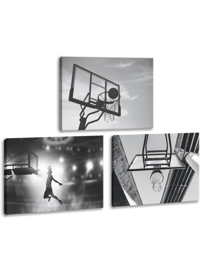 KAWAHONE 3 Pieces Black and White Sports Canvas -Sports Poster-Basketball Sports Themed Canvas Wall Art-Sport Canvas Art Framed Gift for Bedroom Gym Room Decoration Boys Gift - Image 1