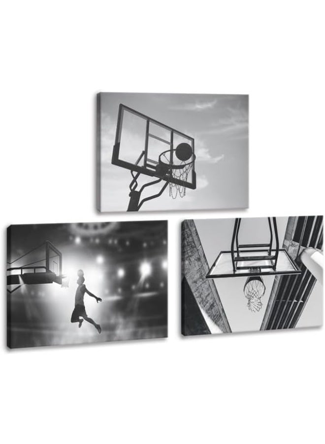 KAWAHONE 3 Pieces Black and White Sports Canvas -Sports Poster-Basketball Sports Themed Canvas Wall Art-Sport Canvas Art Framed Gift for Bedroom Gym Room Decoration Boys Gift - Image 2