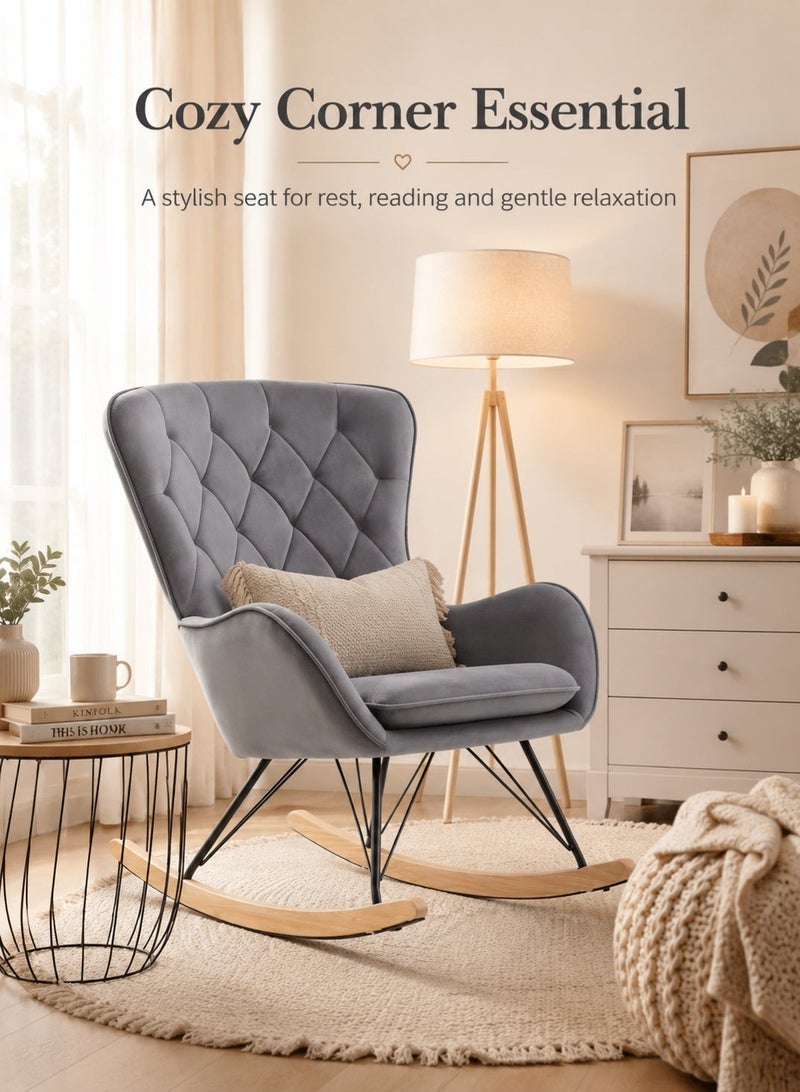 Rich Life Luxury Grey Velvet Tufted Rocking Chair with Ergonomic Backrest, Metal Frame and Wooden Rocker Base, Elegant Lounge and Reading Chair for Bedroom, Living Room, Nursery or Balcony -Comfortable Lounge and Reading Chair for Living Room -Office Armchair with Armrests & Ergonomic Backrest for Dining Room, studyroom,Lounge Accent Chair,Patio Chairs Lounge - Image 1