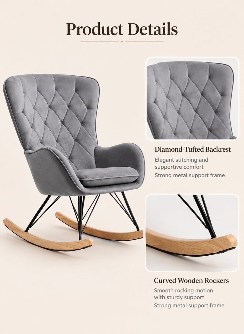 Rich Life Luxury Grey Velvet Tufted Rocking Chair with Ergonomic Backrest, Metal Frame and Wooden Rocker Base, Elegant Lounge and Reading Chair for Bedroom, Living Room, Nursery or Balcony -Comfortable Lounge and Reading Chair for Living Room -Office Armchair with Armrests & Ergonomic Backrest for Dining Room, studyroom,Lounge Accent Chair,Patio Chairs Lounge - Image 3