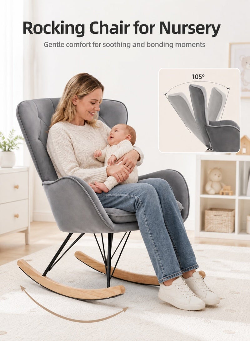 Rich Life Luxury Grey Velvet Tufted Rocking Chair with Ergonomic Backrest, Metal Frame and Wooden Rocker Base, Elegant Lounge and Reading Chair for Bedroom, Living Room, Nursery or Balcony -Comfortable Lounge and Reading Chair for Living Room -Office Armchair with Armrests & Ergonomic Backrest for Dining Room, studyroom,Lounge Accent Chair,Patio Chairs Lounge - Image 4