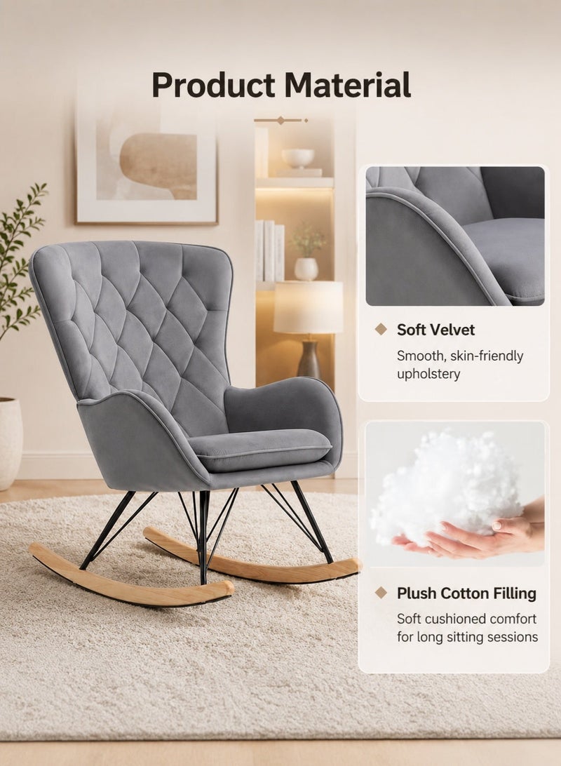 Rich Life Luxury Grey Velvet Tufted Rocking Chair with Ergonomic Backrest, Metal Frame and Wooden Rocker Base, Elegant Lounge and Reading Chair for Bedroom, Living Room, Nursery or Balcony -Comfortable Lounge and Reading Chair for Living Room -Office Armchair with Armrests & Ergonomic Backrest for Dining Room, studyroom,Lounge Accent Chair,Patio Chairs Lounge - Image 2