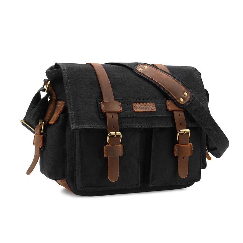 Kattee Leather Canvas Camera Bags for Men Vintage DSLR SLR Messenger Shoulder Bags Black - Image 1