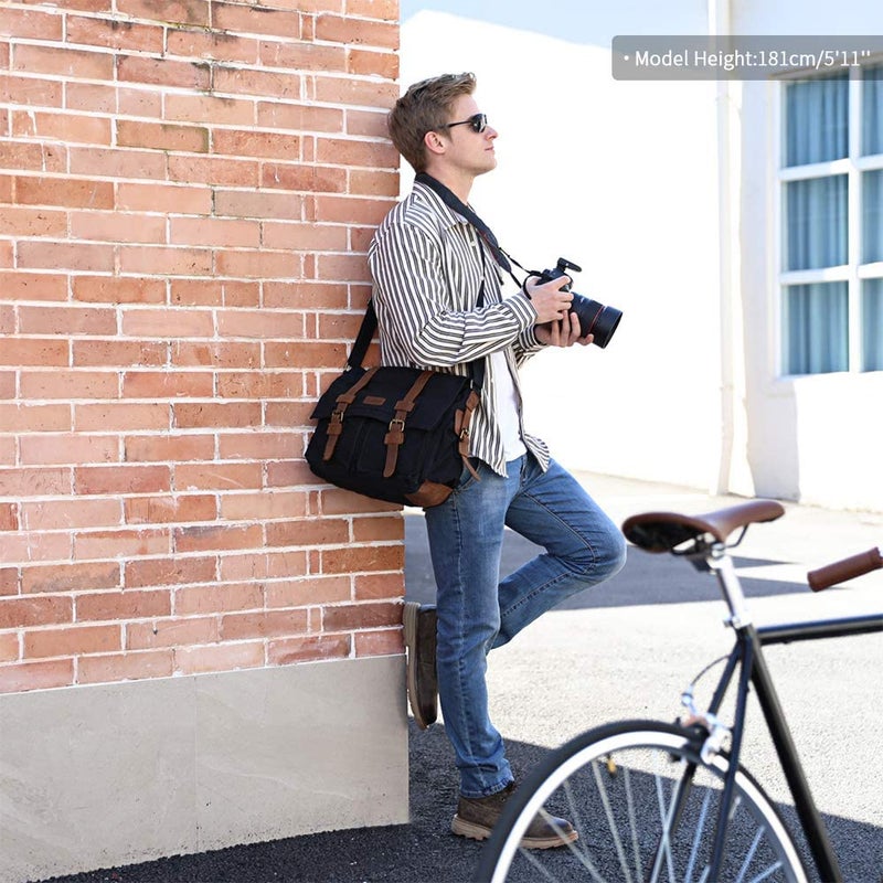 Kattee Leather Canvas Camera Bags for Men Vintage DSLR SLR Messenger Shoulder Bags Black - Image 2
