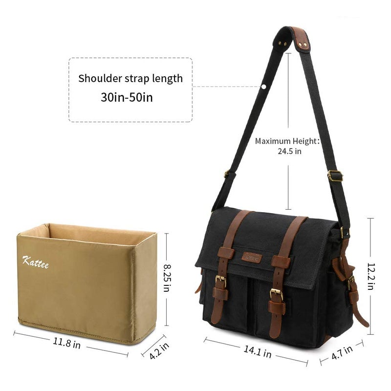 Kattee Leather Canvas Camera Bags for Men Vintage DSLR SLR Messenger Shoulder Bags Black - Image 3