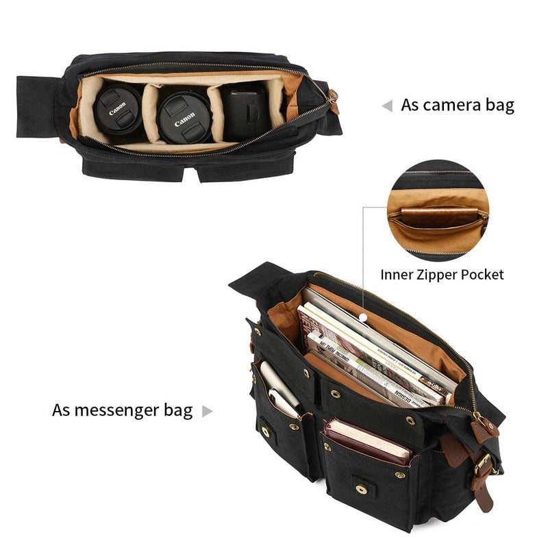 Kattee Leather Canvas Camera Bags for Men Vintage DSLR SLR Messenger Shoulder Bags Black - Image 4