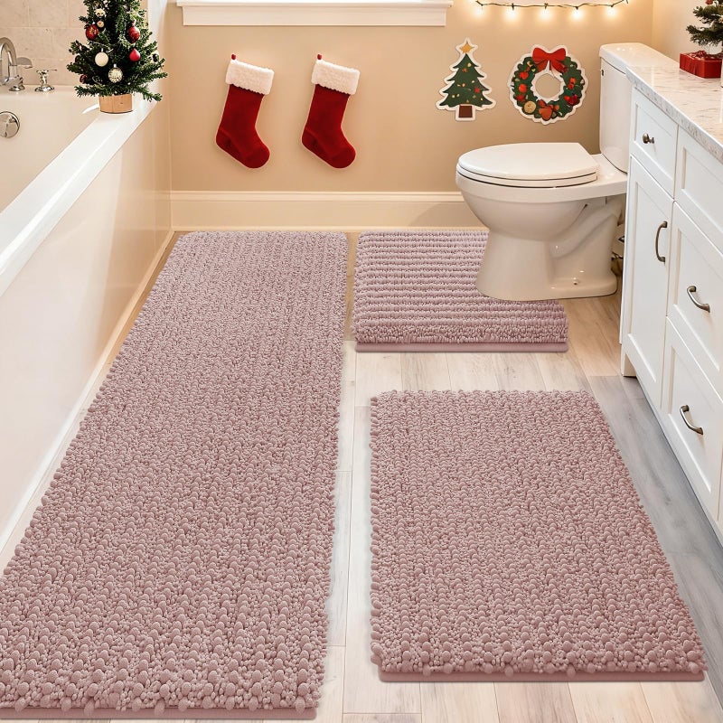 ACCUMTEK Upgrade Extra Large Dusty Pink Bathroom Rug Set 3 Pieces Ultra Soft Thick Absorbent Bath Mats Non Slip Chenille Toilet Mat for Bathroom Bedroom Kitchen