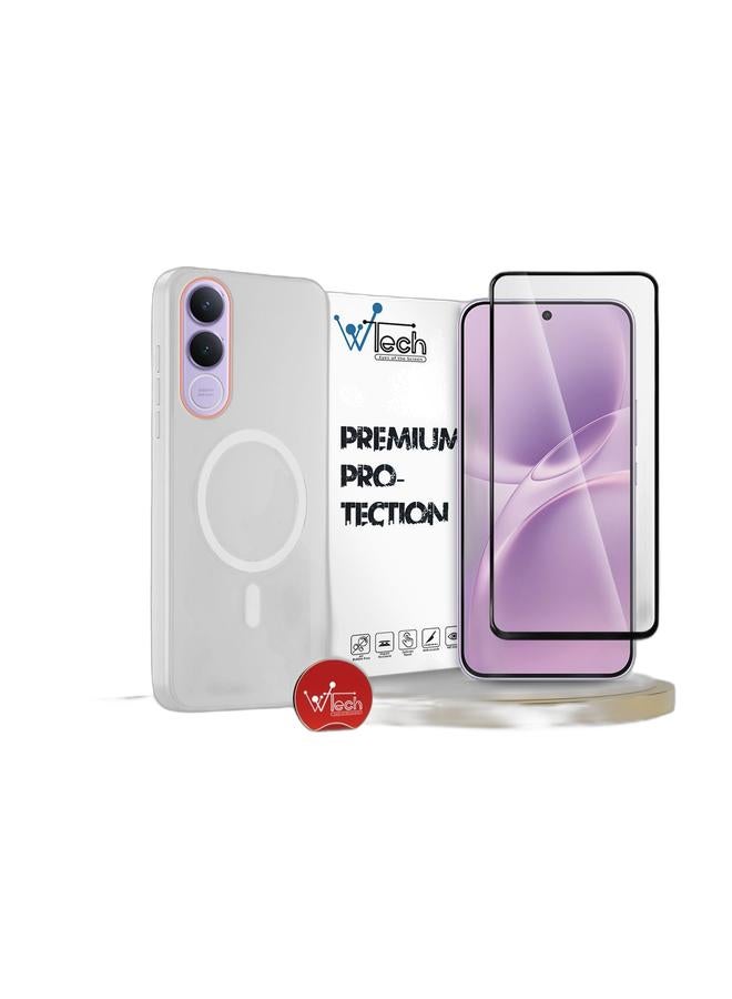 Wtech حافظة أنيقة مع شفافية هجينة Magsafe مع شحن مغناطيسي وحواف كاميرا مرتفعة لجهاز vivo V70 FE 5G 2026 (MCMPMN) - أبيض و واقي شاشة زجاجي مقسى كامل الغراء من سلسلة Premium E2E لجهاز vivo V70 FE 5G 2026 (MSGECN) - شفاف/أسود - Image 1