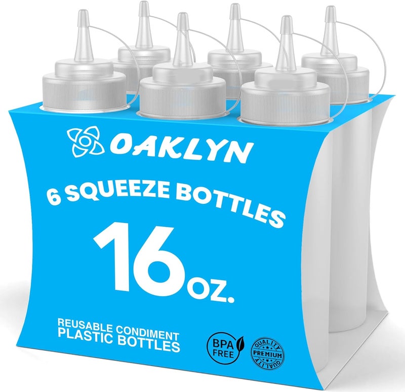 Oaklyn Squirt Bottles 16oz, 6 Pack – BPA-Free Condiment Squeeze Bottles for Sauces, Dressings, Oils, BBQ & Crafts – Durable, Leak-Proof, Easy to Fill & Clean - Image 1