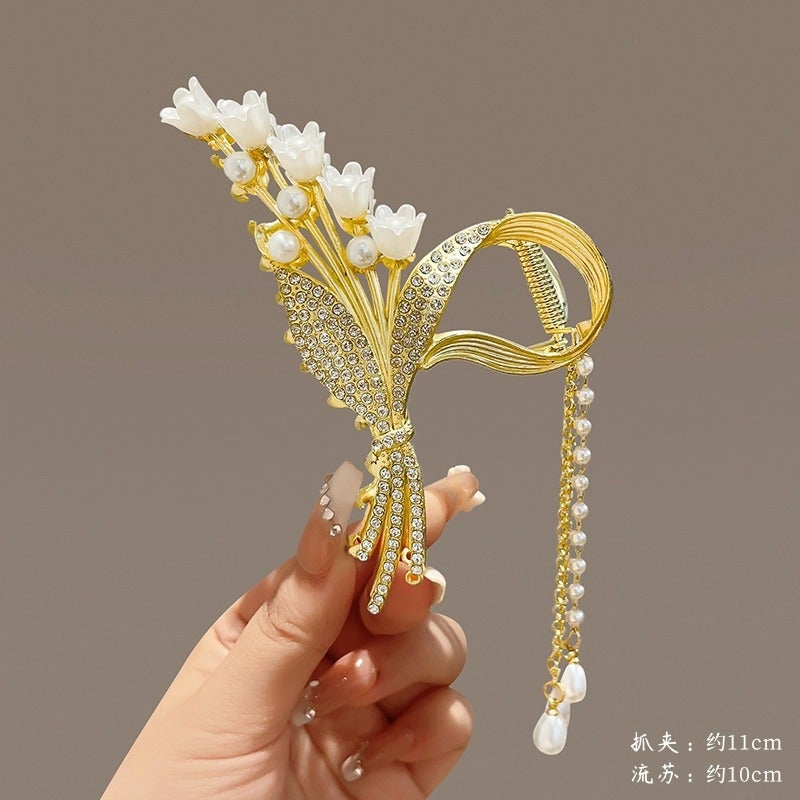 Generic 1 x 5 pcs Ultra-magical Flower Hair Clip Women Large Shark Clip Hair Accessories Fresh Sweet Style Electroplated Bell Lotus Flower Design ZJ030-2# Lily of the Valley tassel alloy grip 