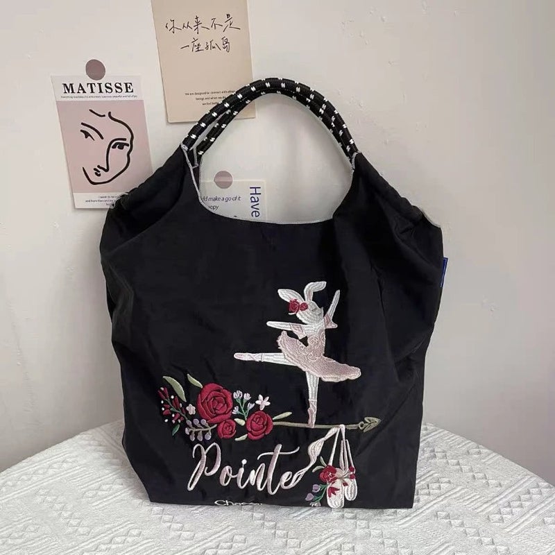 China Trendy Brand Embroidered All-Match Black Large Capacity Shopping Bag Oxford Bag Embroidered Nylon Shopping Bag Portable - Image 1