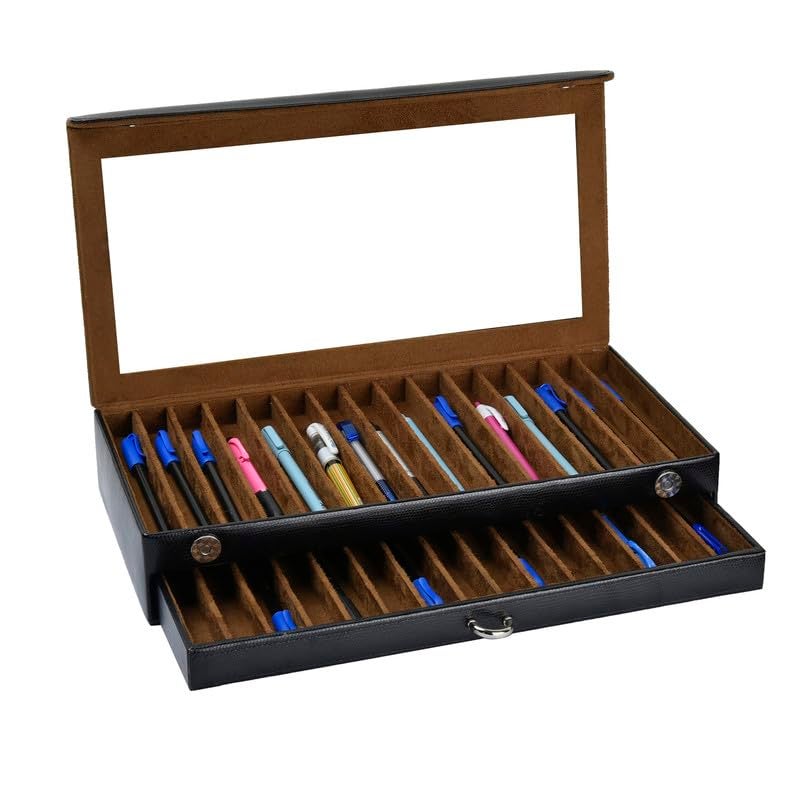 essart Faux Leather Two Level Pen Holder Transparent Display Organizer Box For 30 Pens In Black Color - Image 1