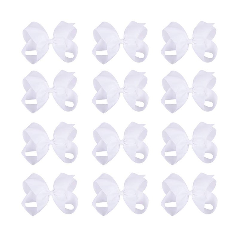 DEEKA 12 PCS 6" Big Hand-made Grosgrain Ribbon Hair Bow Alligator Clips Hair Accessories for Little Teen Toddler Girls - White - Image 1