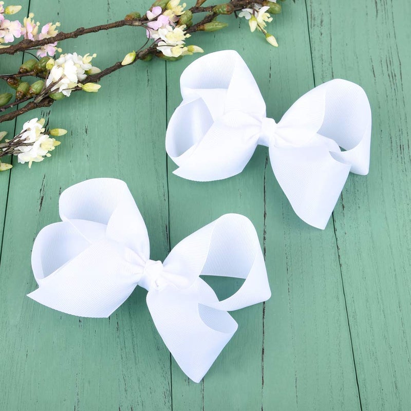 DEEKA 12 PCS 6" Big Hand-made Grosgrain Ribbon Hair Bow Alligator Clips Hair Accessories for Little Teen Toddler Girls - White - Image 3
