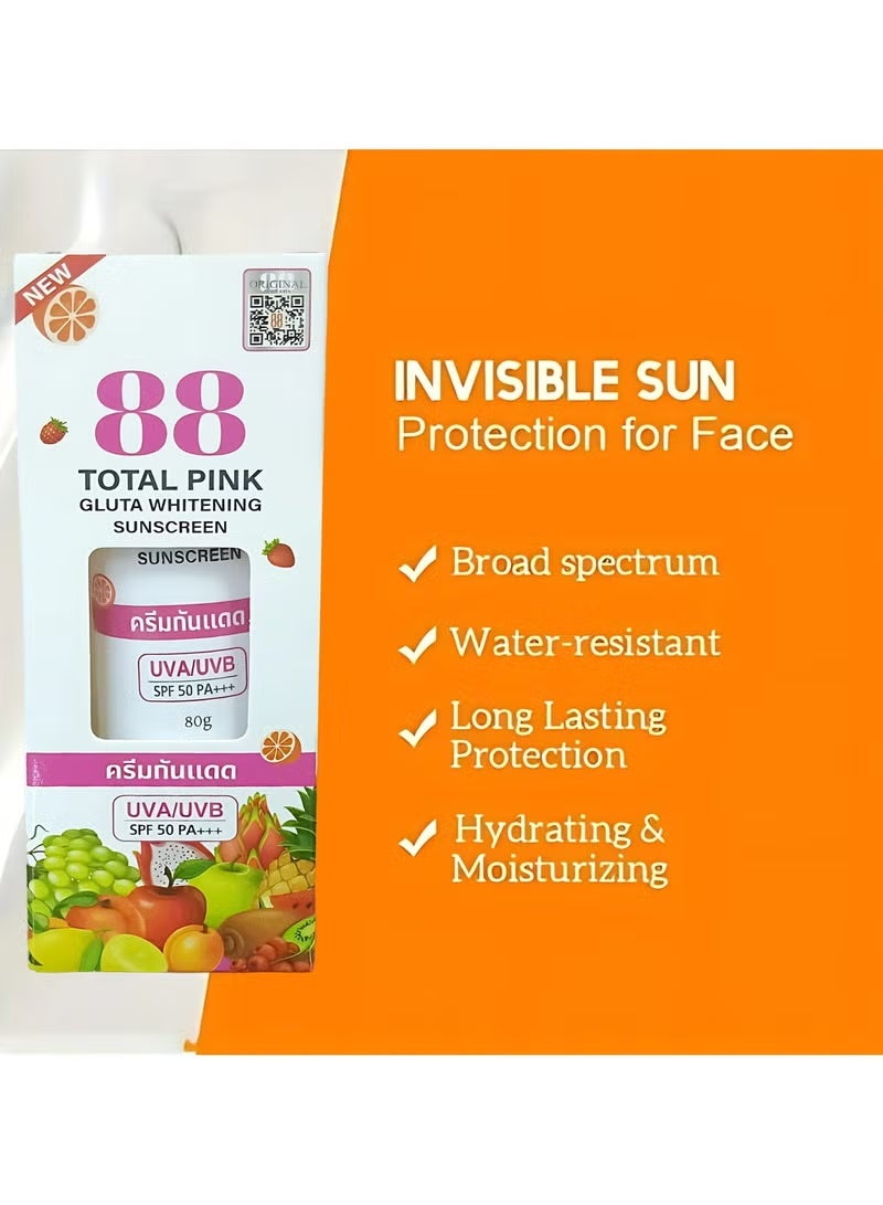 88 Total White 88 Total Pink Gluta Whitening Sunscreen SPF50 PA+++ – 80g | Advanced UV Protection & Skin Brightening with Glutathione | Lightweight, Non-Greasy Daily Sunscreen - Image 3