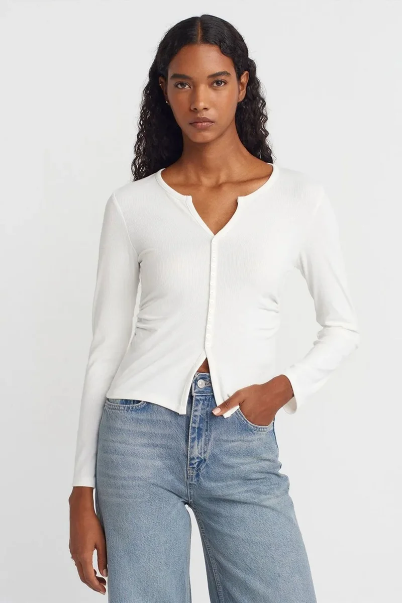 DILVIN Slim Fit Ribbed Button-Front Blouse