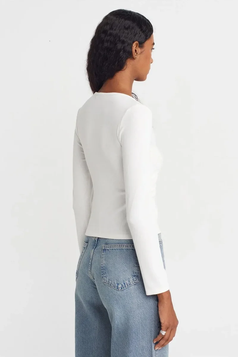 Dilvin White DILVIN Slim Fit Ribbed Button-Front Blouse for Women | Best Price UAE