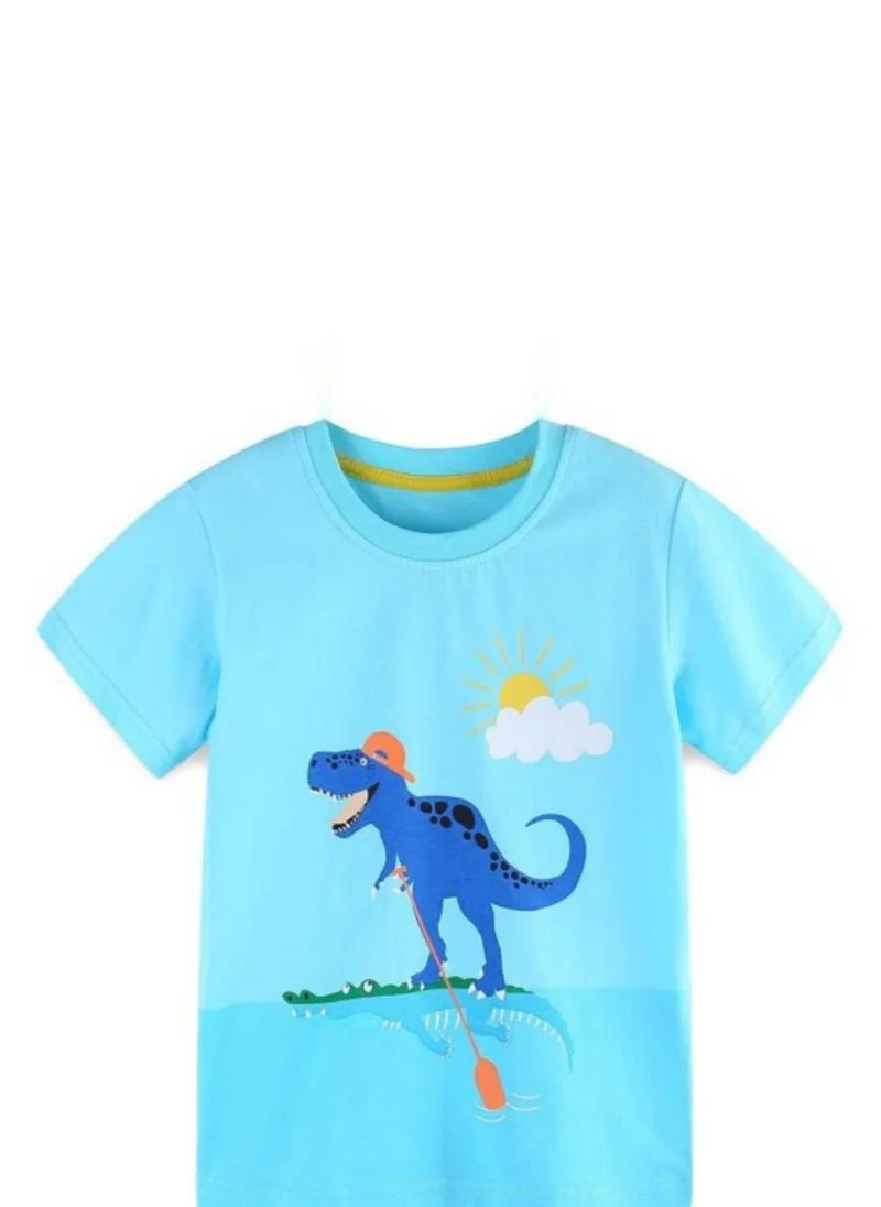 يونيكي Turquoise Blue Graphic Printed Solid Round Neck Cotton T-shirt