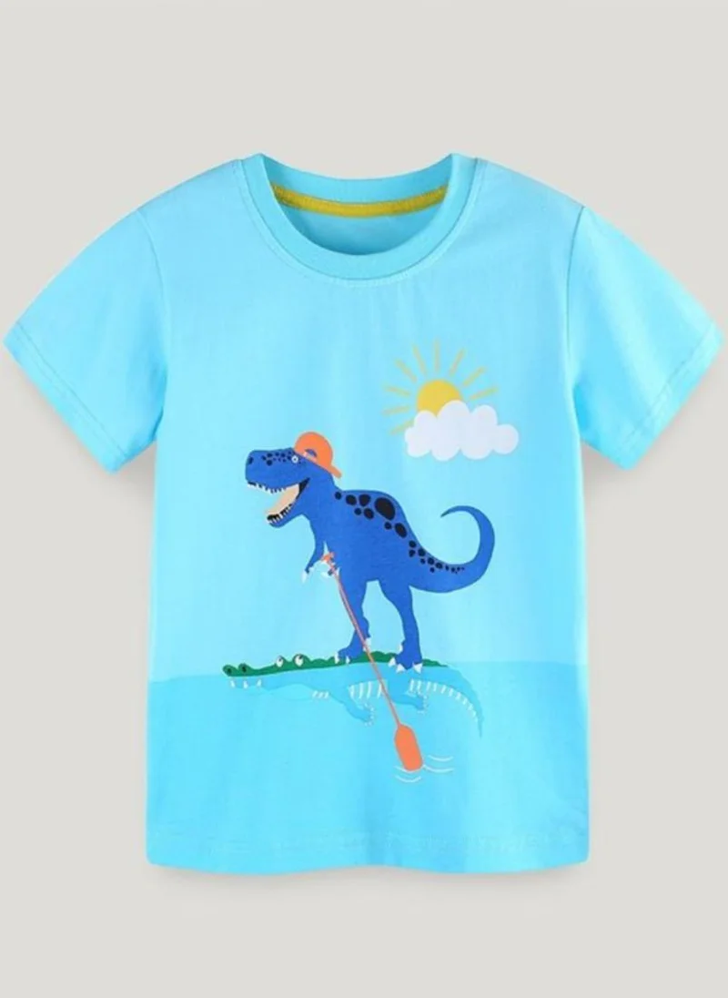 يونيكي Turquoise Blue Graphic Printed Solid Round Neck Cotton T-shirt