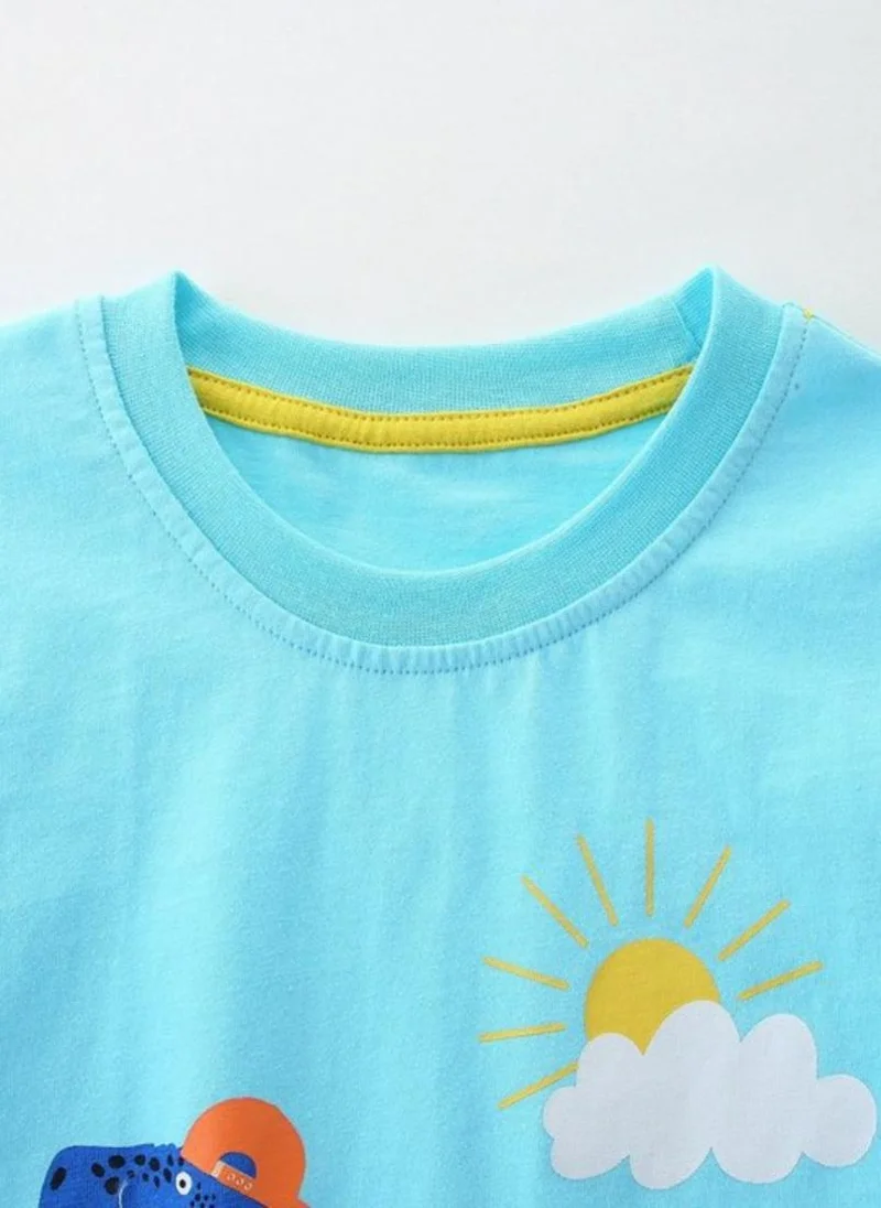يونيكي Turquoise Blue Graphic Printed Solid Round Neck Cotton T-shirt