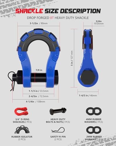 AMBULL Shackles Upgrade 3/4" D Ring Shackle (2 Pack) 70,000 lbs Break Strength with 7/8" Pin, Isolator and Washer Kits for Use with Tow Strap, Winch, Off-Road Truck Vehicle Recovery, Blue - Image 4