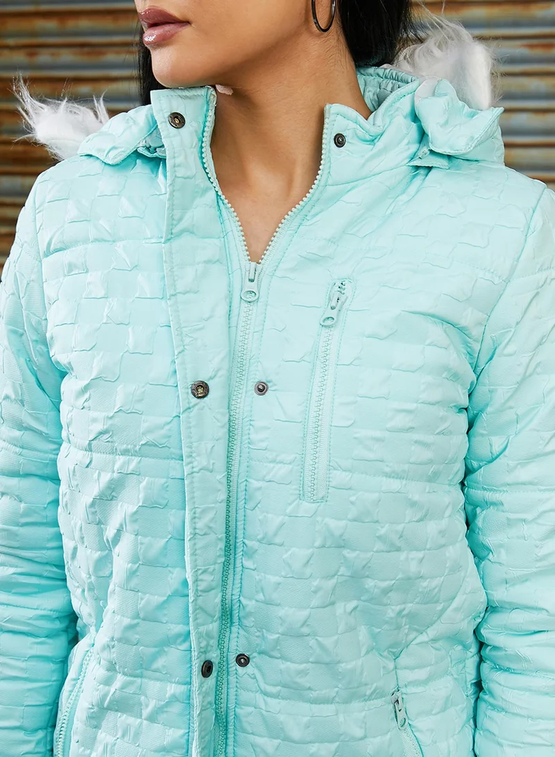 Campus Sutra Women's Aqua Blue Self-Design Buffalo Check Puffer Jacket