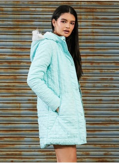 كامبوس سوترا Women's Aqua Blue Self-Design Buffalo Check Puffer Jacket  - Image 3