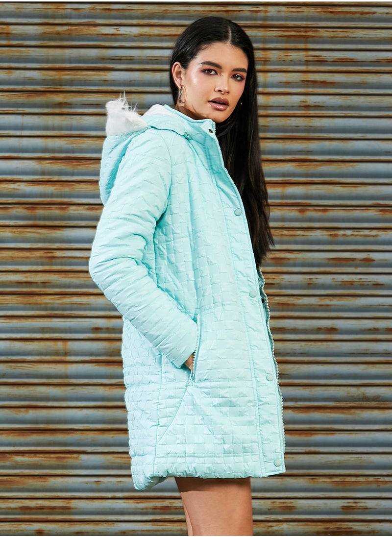 Campus Sutra Women's Aqua Blue Self-Design Buffalo Check Puffer Jacket  - Image 3