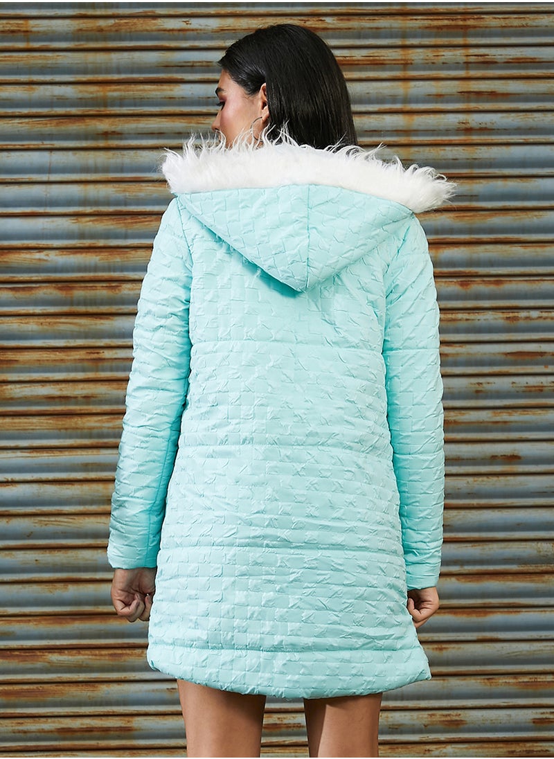 Campus Sutra Women's Aqua Blue Self-Design Buffalo Check Puffer Jacket  - Image 5