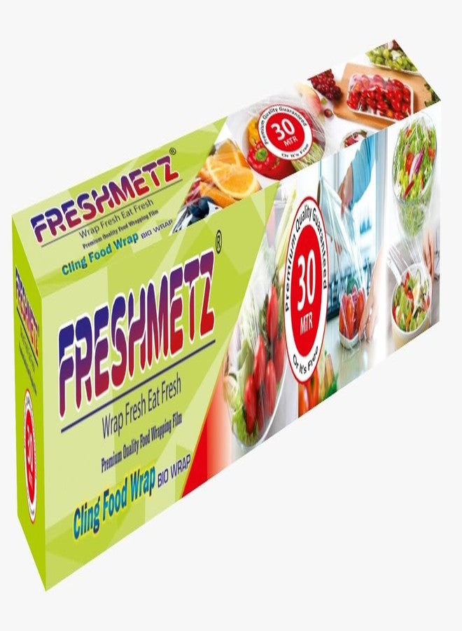 FRESHMETZ غلاف بلاستيكي لاصق من فريش ميتز، 30 مترًا | لفة تغليف طعام خالية من مادة BPA وقابلة للتحلل الحيوي | غلاف بلاستيكي شفاف غير لاصق لتخزين الطعام في المطبخ، آمن للاستخدام في الثلاجة والميكروويف | عبوة من قطعة واحدة - Image 1