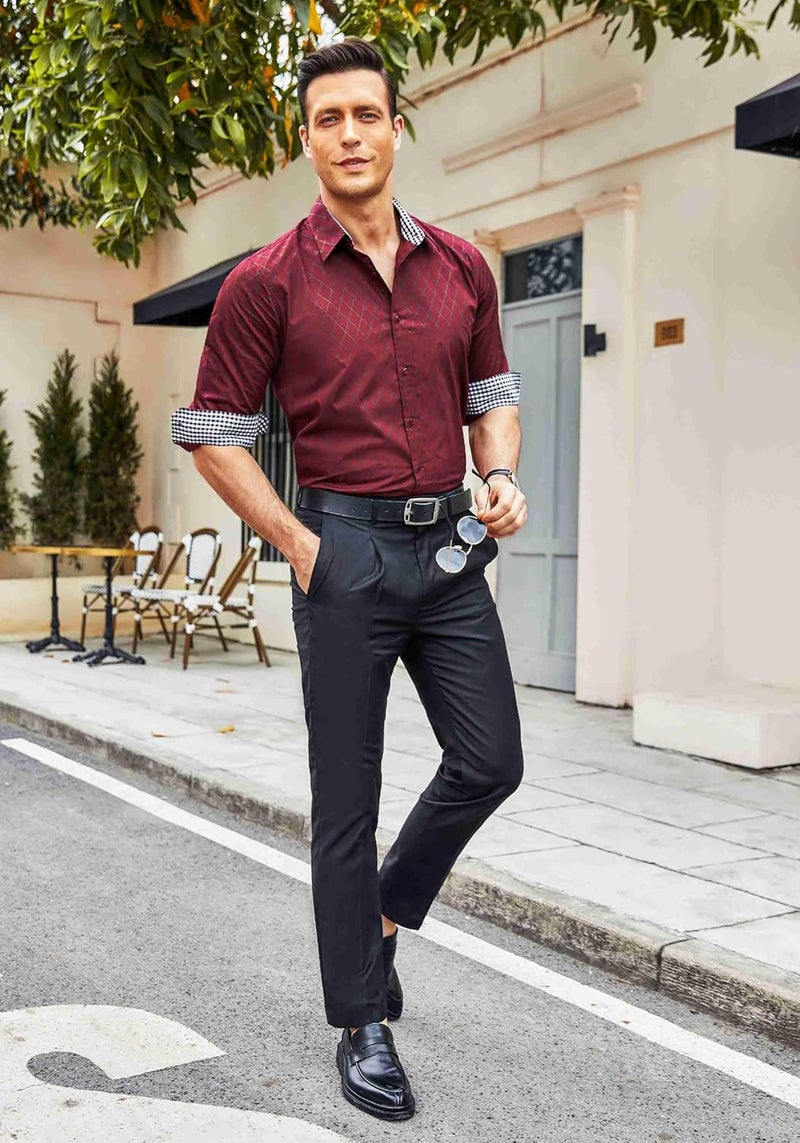 COOFANDY Men's Long Sleeve Dress Shirt with Plaid Collar - Wine Red, Large - Image 4