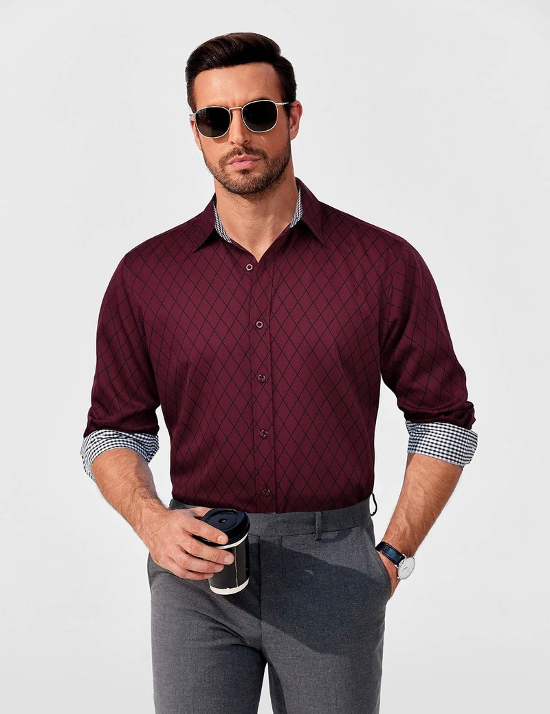 COOFANDY Men's Long Sleeve Dress Shirt with Plaid Collar - Wine Red, Large - Image 5