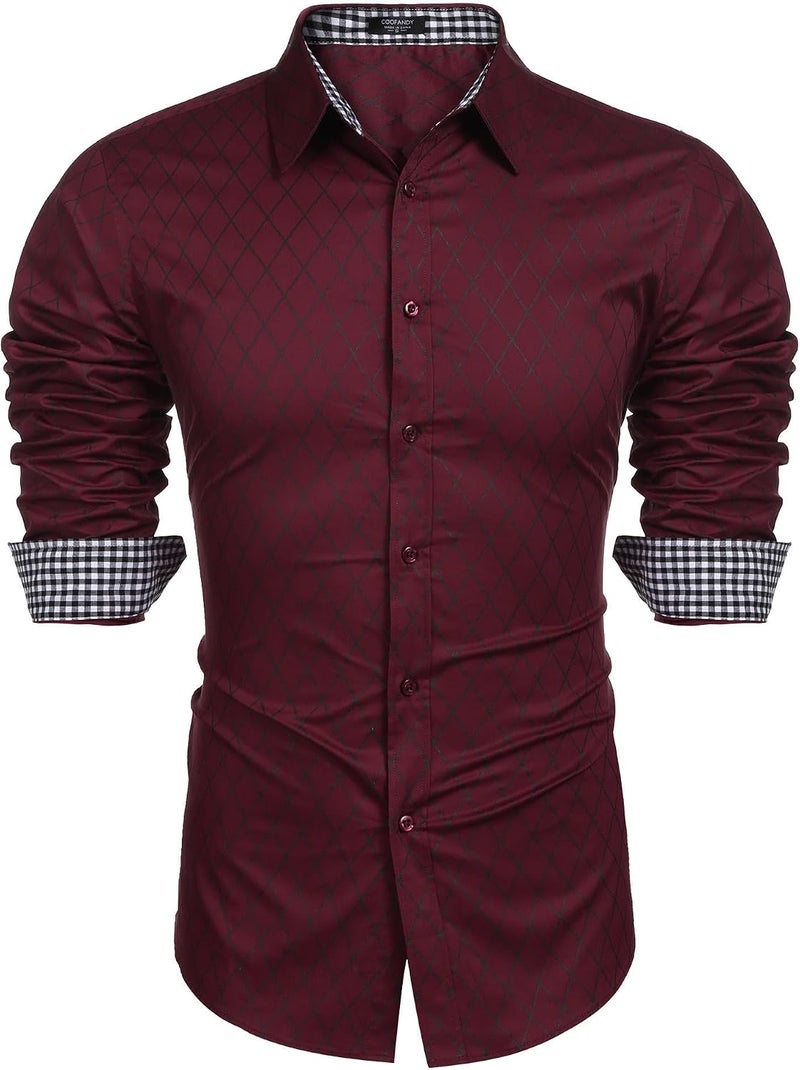 COOFANDY Men's Long Sleeve Dress Shirt with Plaid Collar - Wine Red, Large - Image 1