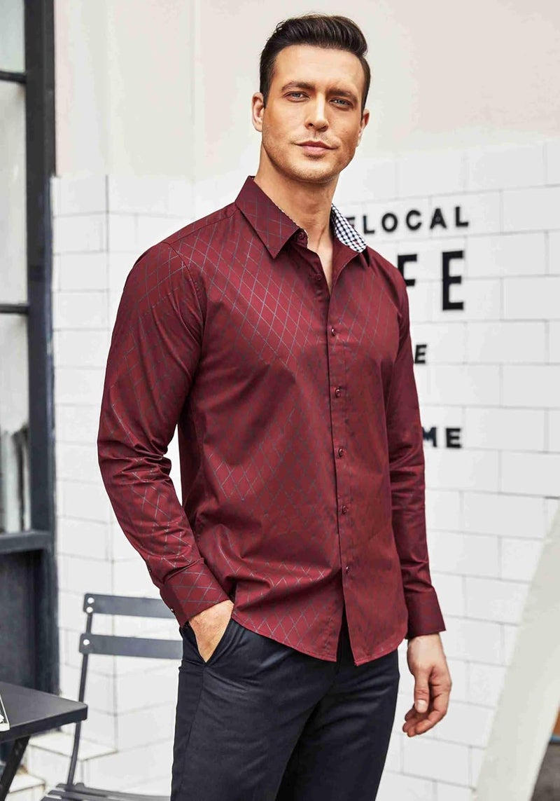 COOFANDY Men's Long Sleeve Dress Shirt with Plaid Collar - Wine Red, Large - Image 3