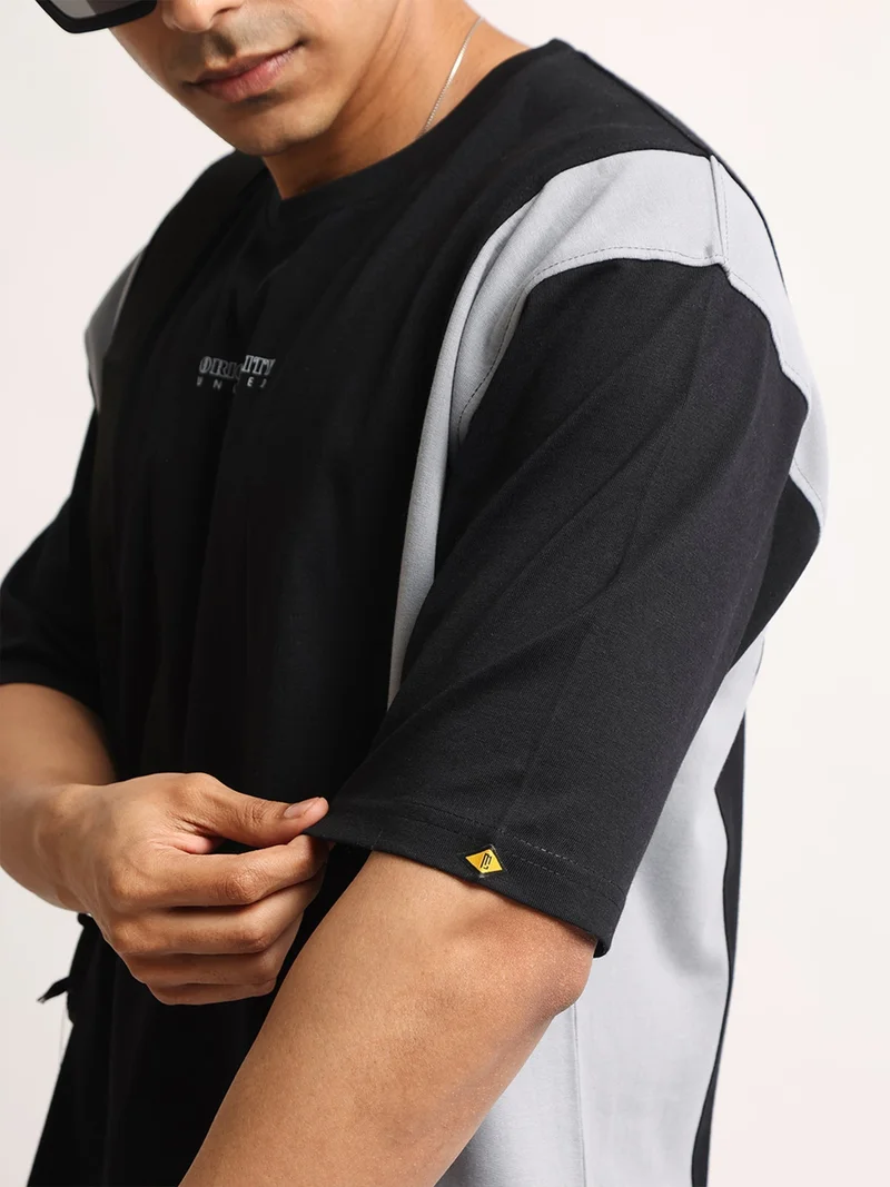 مانياك Maniac Mens Printed Round Neck Raglan Half Sleeve Black and White Cotton Tshirt