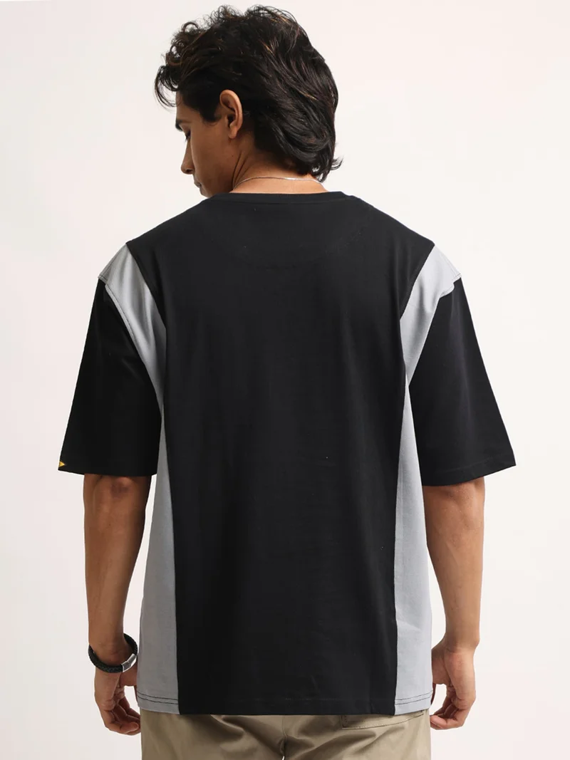 Maniac  Maniac Mens Printed Round Neck Raglan Half Sleeve Black and White Cotton Tshirt for Men | Best Price UAE